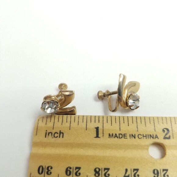 Vintage Retro Rhinestone Gold Tone Clip On Earrings Screw Backs, Minimal Sparkle - Picture 3 of 6